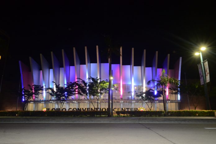 The Iloilo Convention Center is seen lit up in bright colors. IAN PAUL CORDERO/PN