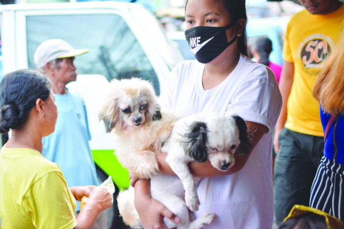 A woman carries her dogs while walking in La Paz Public Market, Iloilo City. Recently, the Department of Health in Western Visayas urged the public to become responsible pet owners by having their pets vaccinated. IAN PAUL CORDERO/PN