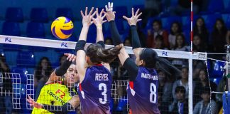 F2 Logistics Cargo Movers’ Kalei Mau attempts to score over the defense of Petron Blaze Spikers’ Mika Reyes and Aiza Maizo-Pontillas. PSL PHOTO