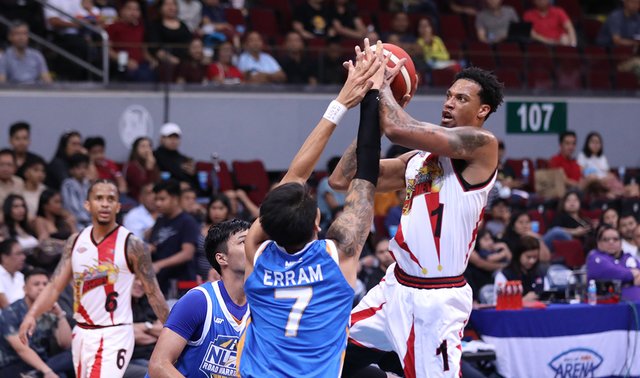 San Miguel Beermen’s Chris McCullough tries to get his shot up despite the defense of NLEX Road Warriors’ John Paul Erram. PBA PHOTO