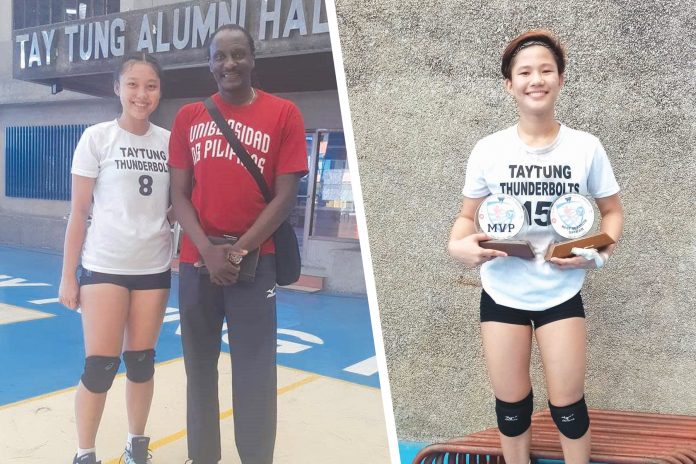 Joan Marie Monares and UP coach Godfrey Okumu (left) and Alyssa Bertolano