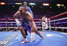 Keith Thurman takes his time to get up after being knocked down by Manny Pacquiao in the first round of their recent match. AP