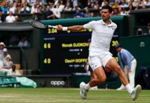 Serbia’s Novak Djokovic returns against Belgium’s David Goffin during their men’s singles quarterfinals match of the 2019 Wimbledon Championships at The All England Lawn Tennis Club in Wimbledon, London, July 10. AFP/GETTY IMAGES