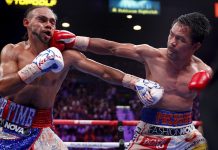 Manny Pacquiao lands a punch on Keith Thurman during his points victory over the defending welterweight champion. AP