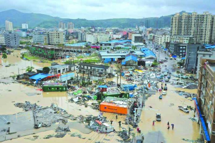 Dajing town is seen damaged and partially submerged in floodwaters in the aftermath of Typhoon Lekima in Leqing, Zhejiang province, China on August 10, 2019. REUTERS