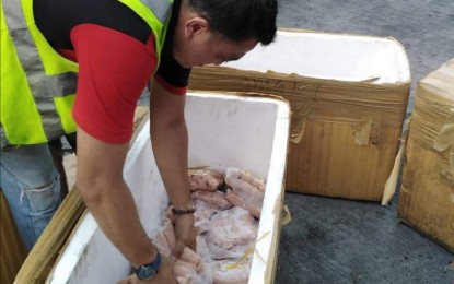 A member of the Provincial African Swine Fever Task Force prepares to ship back pork products from Luzon that arrived at the Bacolod Bredco Port on Sept. 25. NEGOCC PROVINCIAL ASF TASK FORCE