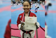 Angela Bermejo wins the gold in kyorugi juniors division of the recent 2019 National Age-Group Taekwondo Championships in Pasay City.