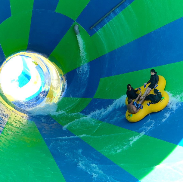 Brave daredevils conquer the dizzying mammoth Cyclone slide.