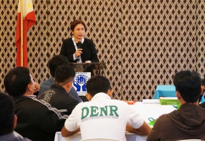 Enforcement Division (ED) Chief June Melissa C. Garol gives a message during the ENR Frontline and Basic Courses roll out held at The Venue Hotel, San Jose de Buenavista, Antique from August 27-31, 2019.