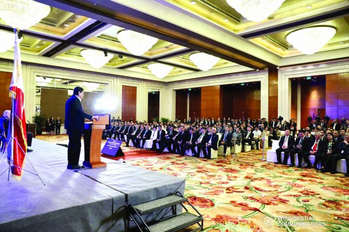 President Rodrigo Roa Duterte delivers his speech during the Philippines-China Business Forum at the Grand Hyatt Hotel in Beijing on Aug. 30, 2019. The Philippine president has told Chinese businessmen in Beijing to personally report to him if they encountered trouble with corruption while setting up businesses in the Philippines. PRESIDENTIAL PHOTO