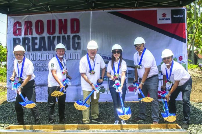 (From left) Suzuki Philippines (SPH) director and general manager of Automobile Division Keiichi Suzuki; executive assistant to City of Tagum Mayor pastor William Cuyacot; Grand Canyon Multi-holdings, Inc. chairman Peter Po; Grand Canyon Multi-holdings, Inc. comptroller Carol Po; Grand Canyon Multi-holdings, Inc. vice president for Operations Lorenzo Aguilar; and SPH Auto Sales manager Jude Racadio lead the ground-breaking rites of new Suzuki Auto Tagum.