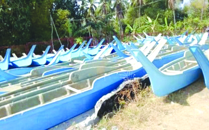 Some of the 100 fiberglass boats await their owners in San Jose, Antique. These boats are part of the allocation for the marginalized fishermen under the Bureau of Fisheries and Aquatic Resources' FB Pagbabago program. ANTIQUE PIO