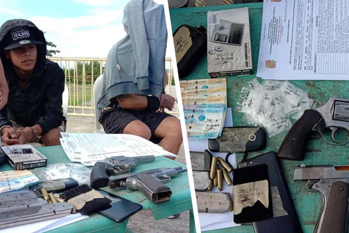 John Michael Labesora and Raymond Galicto sit handcuffed after they were arrested in an antidrug operation in Barangay Lawaan, Roxas City, Capiz on Friday. GLENN BEUP/PN