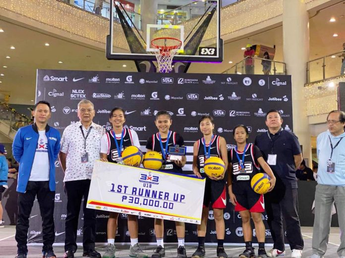 The Region VI Bacolod team of Kaye Pesquera, Shalimar Dublar, Hallyza Quiatchon, and Charity Grace Gicana finished runner-up in the girls basketball event of the Samahang Basketbol ng Pilipinas (SBP) 3x3 U-18 Basketball Pambansang Tatluhan on Oct. 30, 2019 at Robinsons’ Place in Ermita, Manila. PHOTO COURTESY OF BAYANI LADRIDO