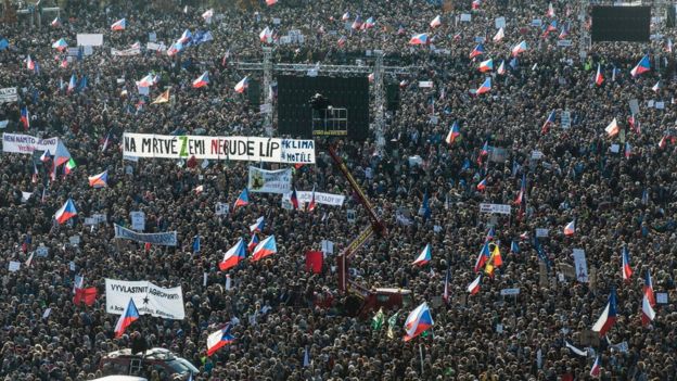 Crowds gather at Letna Park to mark the 30th anniversary of the Velvet Revolution in Prague, Czech Republic on Saturday. AFP