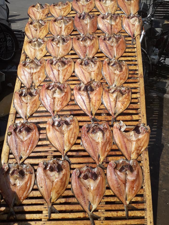 Fishes are laid neatly on a rectangular bamboo slat dryer.