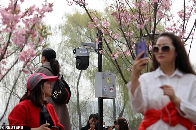 Visitors take pictures under blooming cherry blossoms near a high-resolution AI (artificial intelligence) camera at Yuyuantan Park in Beijing. REUTERS