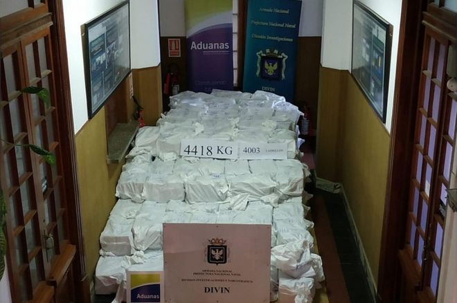 Naval and customs officers seized about 4.4 tons of cocaine in Montevideo port, Uruguay. AFP