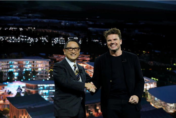 President of Toyota Motor Corporation Akio Toyoda (L) and Danish architect and Bjarke Ingels Group chief executive officer Bjarke Ingels pose at a news conference where Toyota announced plans to build a prototype city of the future on a 175-acre site at the base of Mt. Fuji in Japan, during the 2020 Consumer Electronics Show in Las Vegas, Nevada, United States Jan. 6, 2020. REUTERS