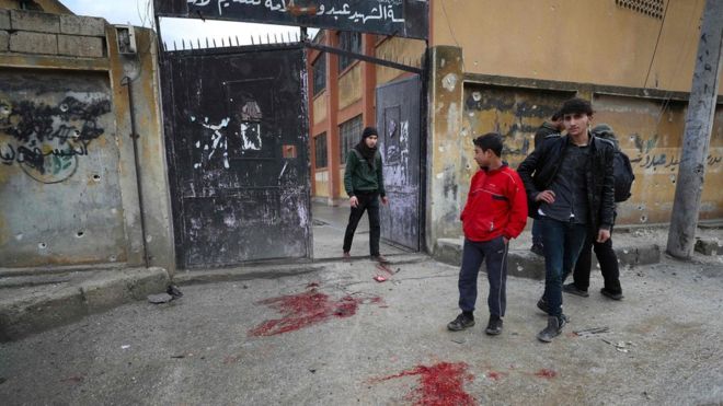 The school in Sarmin was run by the United Kingdom-based humanitarian organization Syria Relief. It was sheltering displaced people when cluster munitions hit the school on Wednesday, according to authorities. AFP