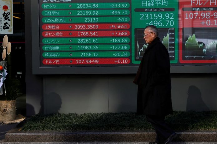 A stock index board is displayed outside a brokerage in Tokyo, Japan. REUTERS