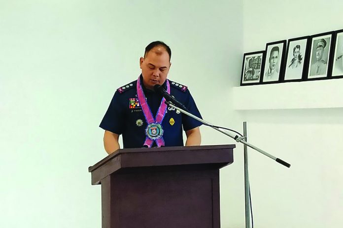 Antique Police Provincial Office (APPO) new director Colonel Roy Parena delivers his message during the change of command ceremony held at the APPO headquarters on Jan. 14. GOV. RHODORA CADIAO