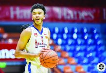 Floor general Jerimiah Gray celebrates after making the game-winning rejection for Alab Pilipinas to survive a late Hong Kong rally. TIEBREAKER TIMES PHOTO