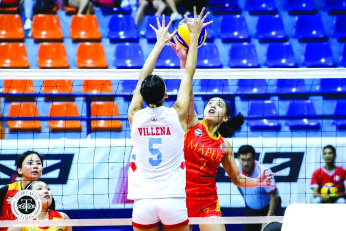 Lorraine Barias (No. 7) records a 20-point performance in the four set victory of the Mapua University Lady Cardinals against Emilio Aguinaldo College Lady Generals on Jan. 20. TIEBREAKER TIMES PHOTO