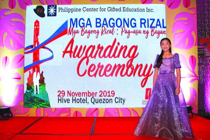 Grade VI pupil Sophia Kirsten Mallada Tunguia of Iloilo City’s SPED-Integrated School for Exceptional Children is the youngest “Mga Bagong Rizal Pag-asa ng Bayan” awardee for 2019.