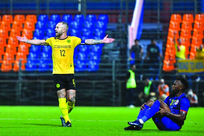 Ceres-Negros FC’s Stephan Schröck is jubilant after scoring a goal against Port FC. CERES-NEGROS PHOTO.