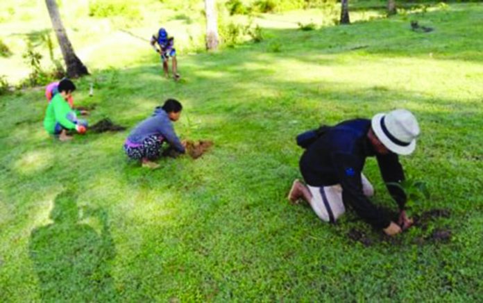 Village officials in Barangay Cubay Ubos in Miagao, Iloilo spearhead the planting of fruit trees in their communal food forest. The establishment of a food forest in each of the 119 villages in Miagao town aims to combat climate change and make the town become food sufficient, says Isidro Mosura, Jr., of the Miagao Municipal Environment and Natural Resources Office, on Jan. 7, 2020. BARANGAY CUBAY UBOS OFFICIALS