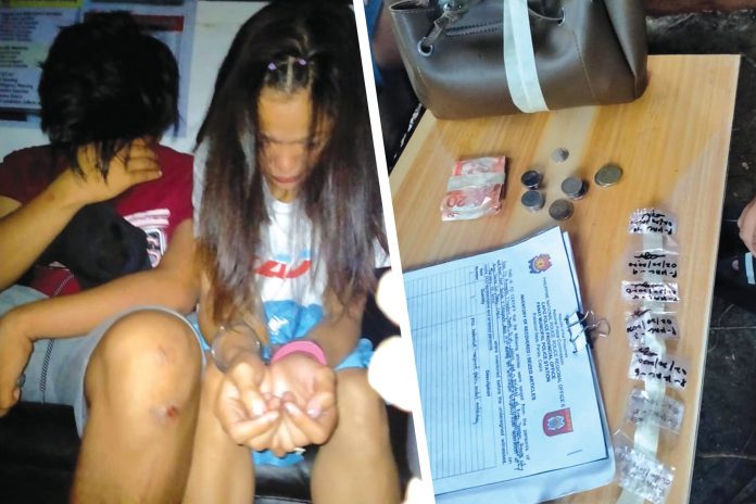 Kenn Joy Angeles and a 17-year-old minor sits while antidrug officers inspect items seized from them. They were nabbed in an entrapment operation in arangay Tanza Sur, Panay, Capiz on Feb. 20.