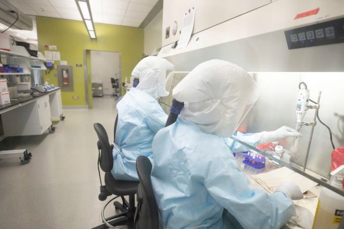 Scientists work in VIDO-InterVac's (Vaccine and Infectious Disease Organization-International Vaccine Center) laboratory, where the organization is currently researching a vaccine for novel coronavirus, at the University of Saskatchewan in Saskatoon, Saskatchewan, Canada. REUTERS