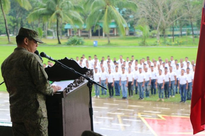 “Please accept my heartfelt gratitude for accepting the challenge and for answering the call of soldiery wherein many people are intimidated because of the risks that come with this noble profession,” Major General Eric Vinoya, commander of the Philippine Army’s 3rd Infantry Division, tells 279 candidate soldiers in Camp Peralta, Jamindan, Capiz on Feb. 11 during the candidates’ oathtaking. PHILIPPINE ARMY PHOTO