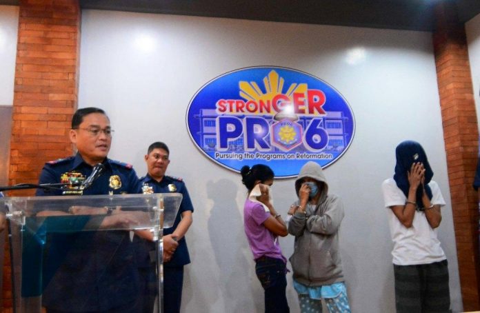 Police Brigadier General Rene Pamuspusan (extreme left), regional police director, presents the three drug suspects arrested in two successive operations in Pavia, Iloilo and Arevalo, Iloilo City on Feb. 2 and 3 resulting to the recovery of P7.4-milllion worth of shabu. The suspects are Lalaine Ereño, Jennifer Nosotros and John Rey Nosotros. Also in photo is Iloilo Police Provincial Office director, Police Colonel Roland Vilela. IAN PAUL CORDERO/PN