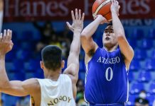 Samjosef Belangel of Ateneo Blue Eagles shoots over fellow Negrense Mark Nonoy of the University of Santo Tomas Growling Tigers. TIEBREAKER TIMES PHOTO