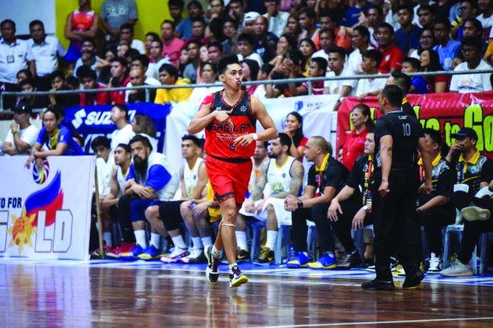 Basilan-Jumbo Plastic Steel’s Allyn Bulanadi serves as the culprit for the team’s 77-63 victory against Bacoor City Strikers in Game 1 of the 2019-2020 Maharlika Pilipinas Basketball League semifinals. Bulanadi registered 23 points, three rebounds, two assists, two steals and a block. MPBL