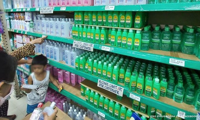 The Department of Trade and Industry in a statement said retailers were encouraged to “strictly implement a ‘two bottles per transaction policy’” for alcohol, hand sanitizers and other basic disinfectants. PHOTO COURTESY OF ICKO CYRUS RIVERA