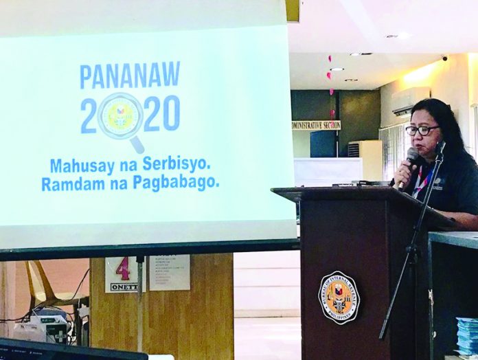 PANANAW 2020. During the local revenuers’ flag-raising ceremonies on March 2 in Roxas City, Eralen De Aro who heads the Bureau of Internal Revenue - Revenue District Office No. 72explains this year’s tax campaign “Pananaw 2020” logo and its theme. PIA CAPIZ PHOTO