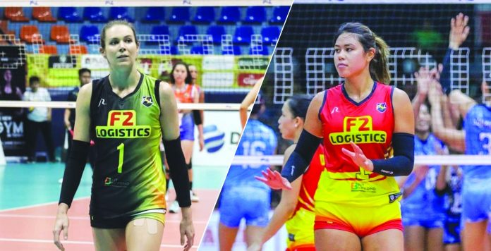 F2 Logistics’ Lindsay Stalzer and Filipina-Hawaiian Kalei Mau serve as the spotlights of the team’s victory against PLDT Home Fibr Power Hitters during their 2020 Philippine Super Liga Grand Prix showdown on March 2. FOX SPORTS PHILIPPINES