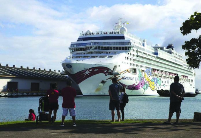 The Norwegian Jewel cruise ship docks at Honolulu Harbor on Sunday, March 22, 2020. The cruise ship that had to cut short its trip because of the new coronavirus and mechanical problems docked Sunday in Honolulu’s harbor. AP