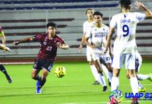 University of the Philippines Fighting Maroons’ Anton Guariña (No.23) tries to evade defenders of the National University Bulldogs during the two teams’ showdown in the University Athletic Association of the Philippines Season 82 Men’s Football.University of the Philippines Fighting Maroons’ Anton Guariña (No.23) tries to evade defenders of the National University Bulldogs during the two teams’ showdown in the University Athletic Association of the Philippines Season 82 Men’s Football.