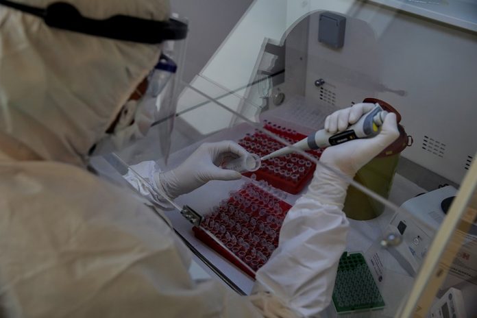 A biologist works on samples from test tubes to check if any of them tested positive for coronavirus disease (COVID-19) at the laboratory of Medicana International Hospital in Istanbul, Turkey, Apr. 14, 2020. REUTERS