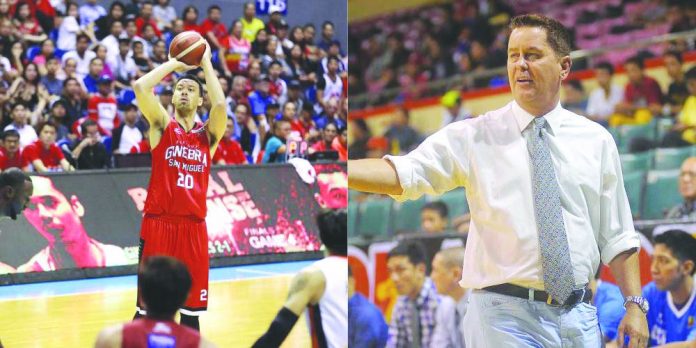 Barangay Ginebra San Miguel Kings head coach Tim Cone (right) of the Philippine Basketball Association hopes that a long break will give Greg Slaughter enough time (left) to make a final decision about his basketball future. Slaughter decided to take a pause from the professional league following the end of his contract with the team earlier this year. GMA NETWORK