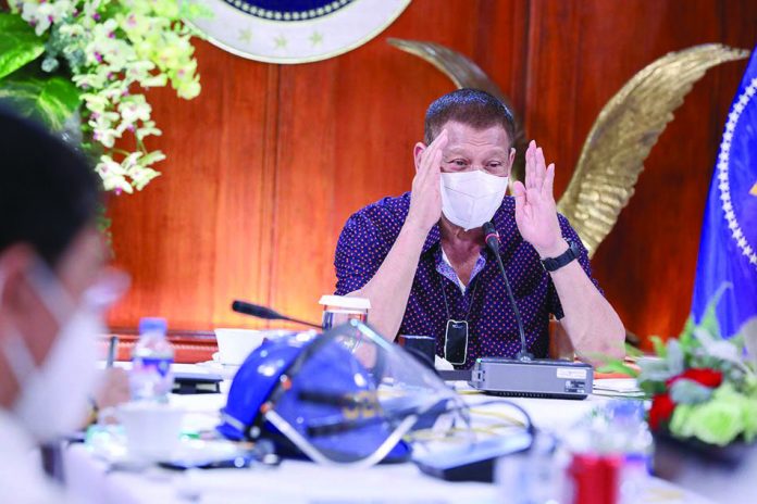 President Rodrigo Duterte talks to the people after holding a meeting with the Inter-Agency Task Force on the Emerging Infectious Diseases core members at the Malago Clubhouse in Malacañang on July 21. PRESIDENTIAL PHOTO