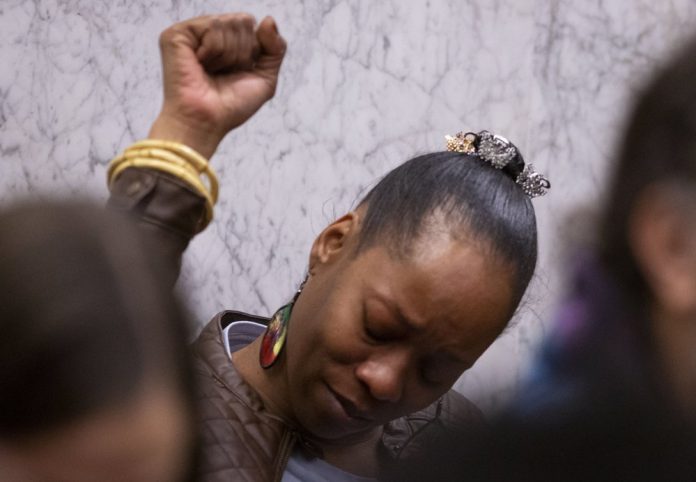 In this Feb. 20, 2020, file photo, Demetria Hester reacts to verdicts of guilty on all twelve counts at the Jeremy Christian trial in Portland, Oregon, United States. AP