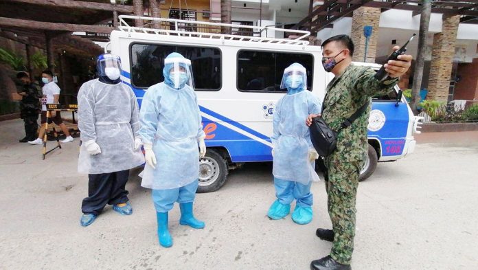 Police forces and health personnel conduct a dry run of security and health safety measures that would be implemented for the reopening of the world famous Boracay Island for local tourists on Oct. 1. PRO-6