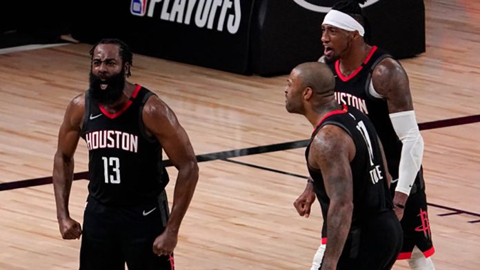 Houston Rockets players flex after winning Game 7 of their Western Conference first round series versus Oklahoma City Thunder Wednesday (Thursday in the Philippines). Houston will face Los Angeles Lakers in the second round of the 2019-2020 National Basketball Association playoffs. ORANGE COUNTY REGISTER