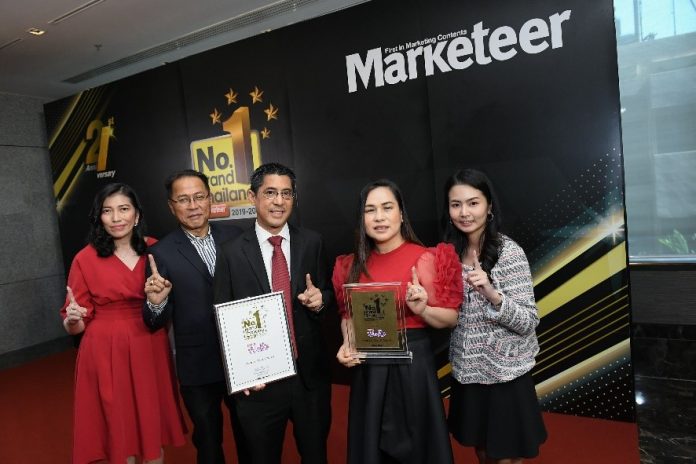 Marketeer Business Magazine awards Universal Robina Corporation (URC) Thailand’s Fun-O as No.1 Brand Thailand for 2019-2020, Biscuits & Crackers categories. Receiving the award are URC Thailand’s officers: (from left) marketing manager Porntip Leelalertwong, senior advisor Premchai Navarasuchitr, general manager Tanant Suwanraks, marketing director Jane Bernardo, and brand manager Vipa Vanlopnusorn.