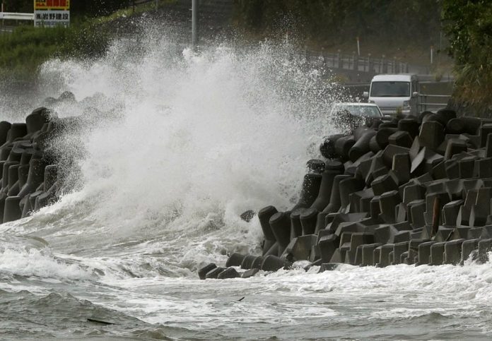 High waves pound the coast of the Kagoshima city, southwestern Japan Sunday, Sept. 6, 2020. KYODO NEWS VIA AP